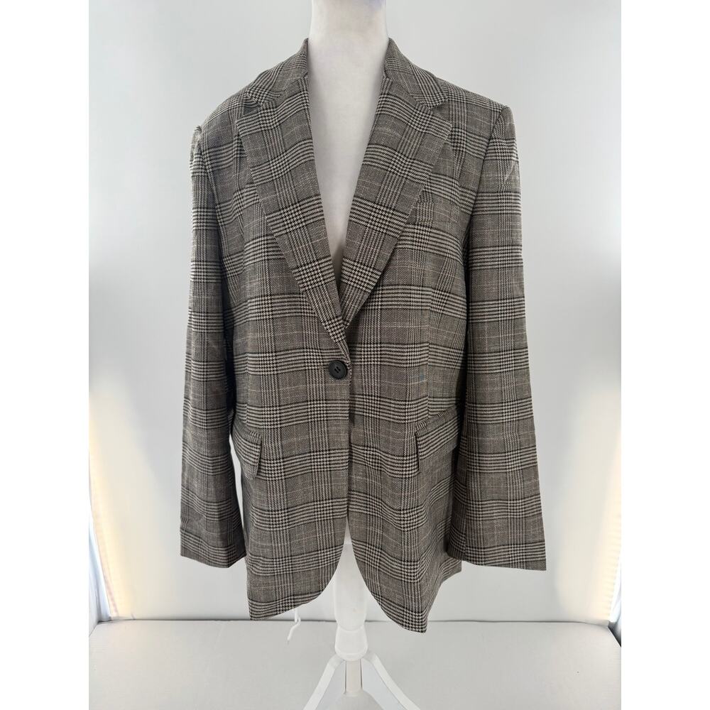 H&M Oversized Plaid Blazer Women’s S Beige Black White Single Button Preppy Fall - Picture 2 of 13
